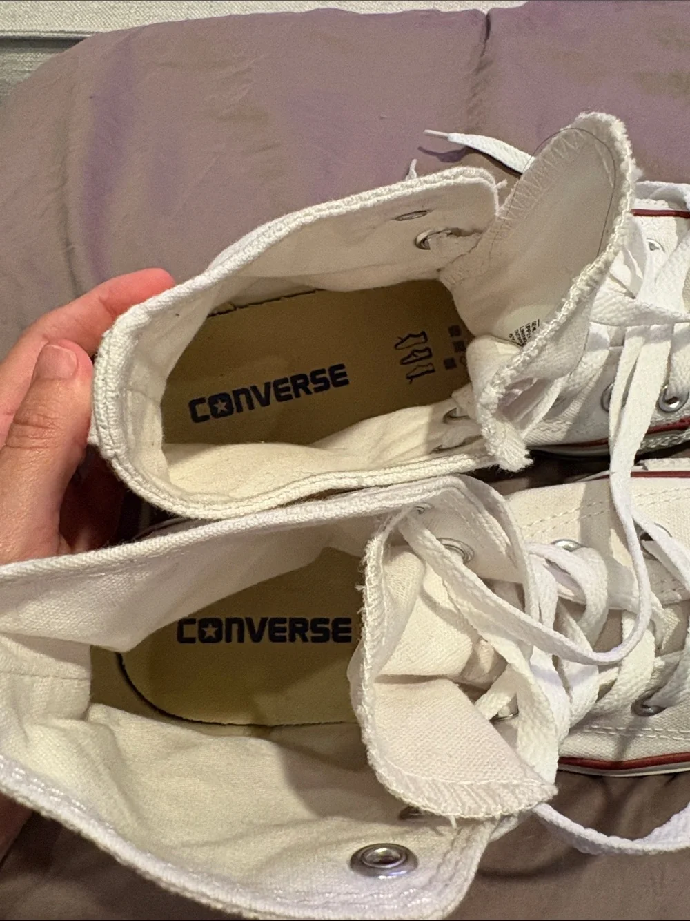 Converse Canvas White High Top Sneakers with Red & Blue Trim